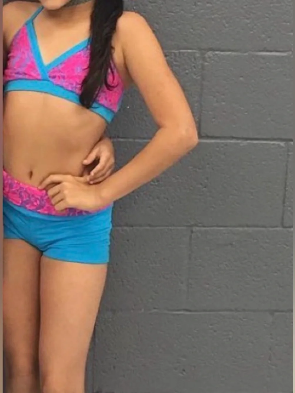Youth XL Two-Piece dance or gym Set in Teal and Pink Lace